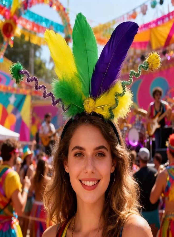 Mangoit Mardi Gras Headbands for Women Purple Gold Green Hairband Glitter Head Boppers Carnival Feather Headwear Mardi Gras Hair Accessory Gifts - Image 2